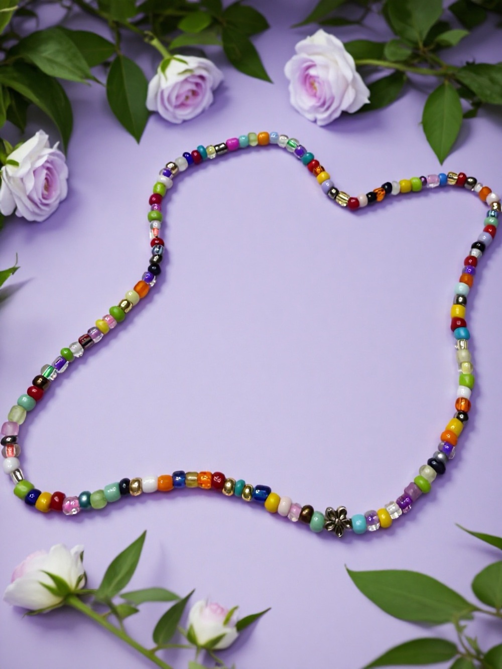 Hand Crafted Multicolor Beaded Necklace with Floral Accent